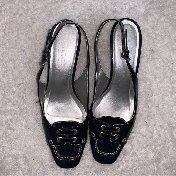 Talbots Blue Patent Laced Slingback Wood Heel - Picture 5 of 6